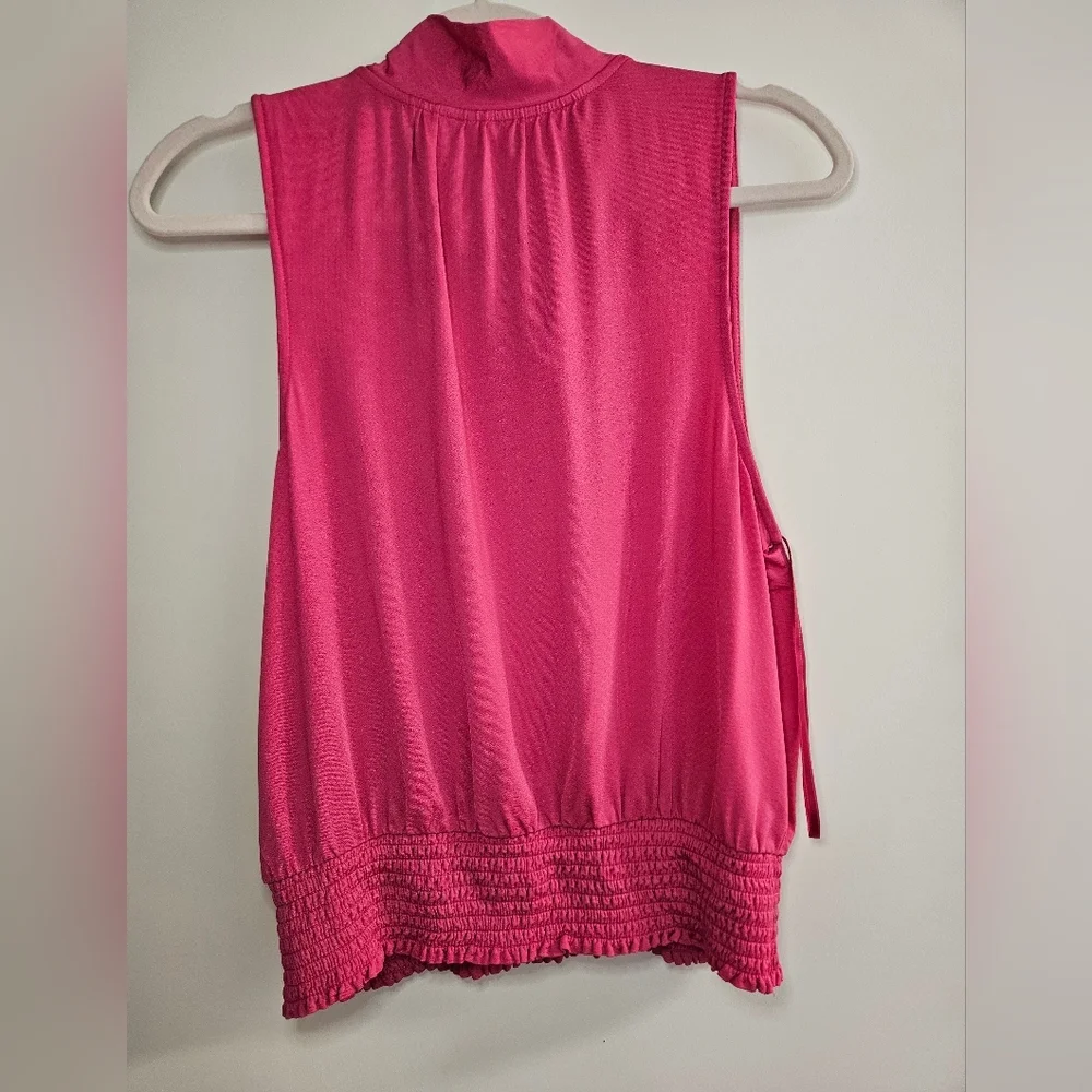 Anthropologie Ruffle Bow Tie Neck Rasberry Pink Sleeveless Blouse Size M - Picture 5 of 9